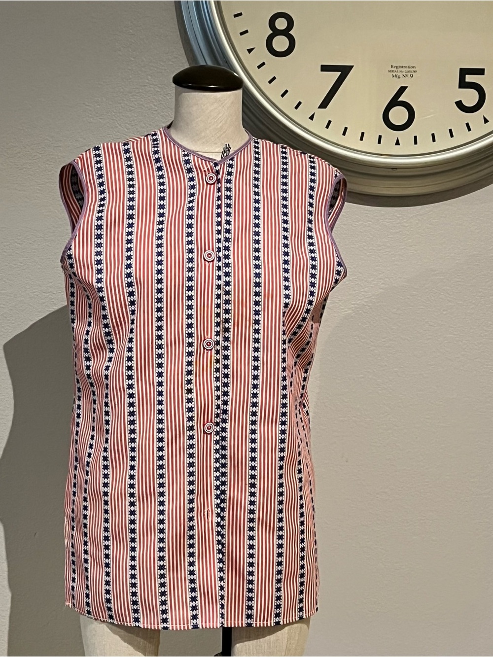 Vintage Red  and Navy Striped Button-Down Sleeveless Top